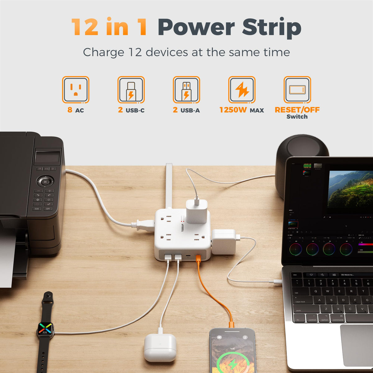 TESSAN flat cord and 45-degree plug for low-profile placement and hidden routing