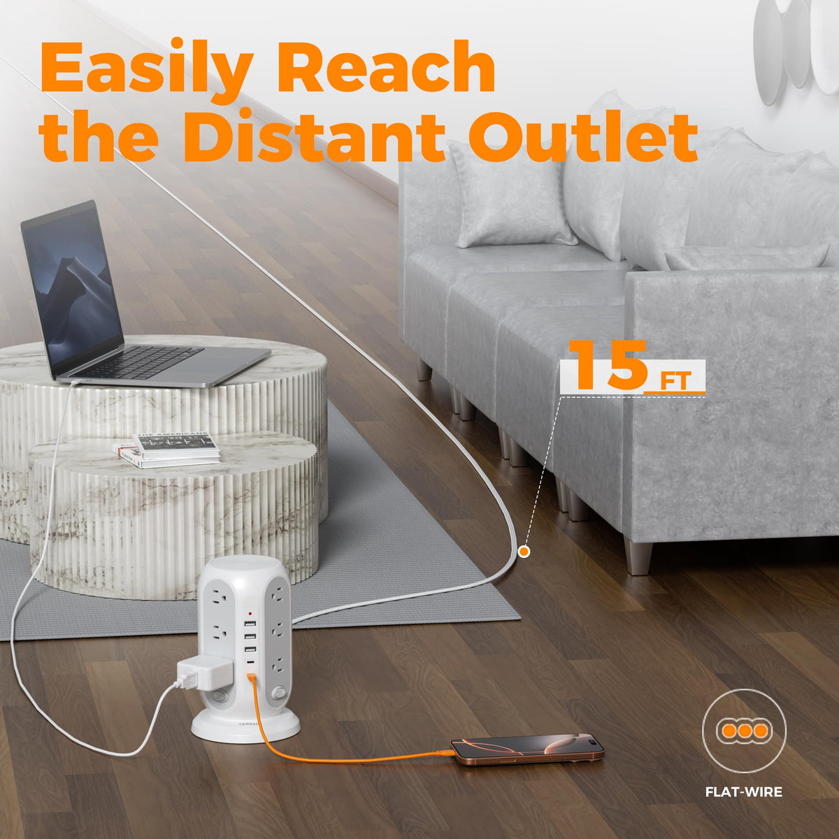 TESSAN flat 15ft cord tucked under carpet for reduced trip hazard and clean look