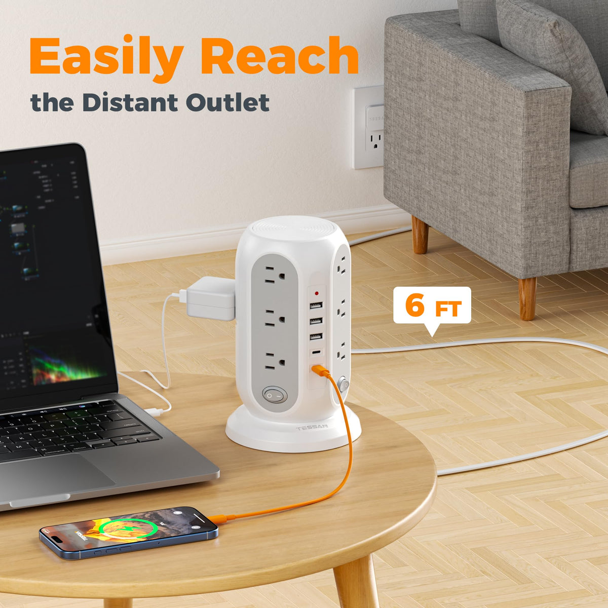 TESSAN flat plug with 6ft cord tucked behind furniture for space saving