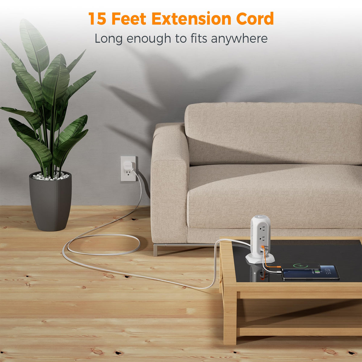 TESSAN closeup of ultra thin flat plug and 45° angle for discreet wall placement