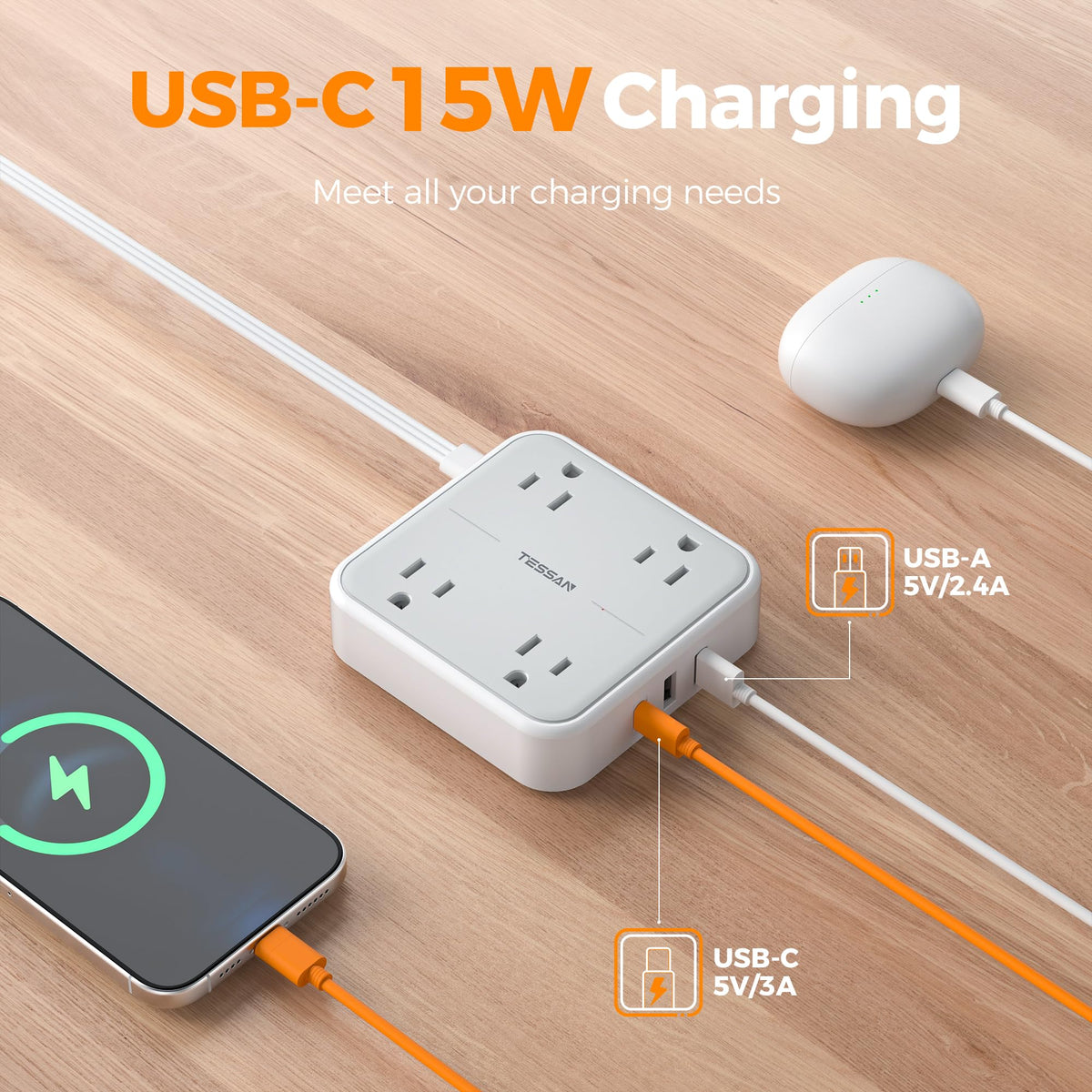 TESSAN closeup of ultra thin flat plug with pull ring for easy unplugging in tight spaces