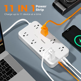 TESSAN flat plug close-up showing ultra-thin profile that hides behind furniture