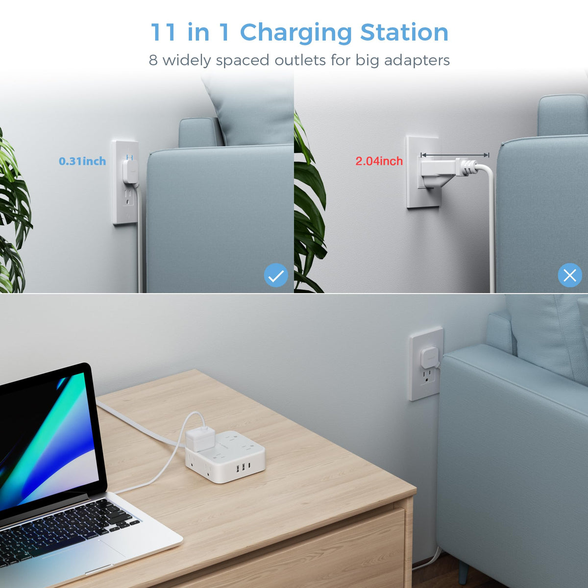 TESSAN closeup of ultra-thin 0.31 inch flat plug to save space behind furniture