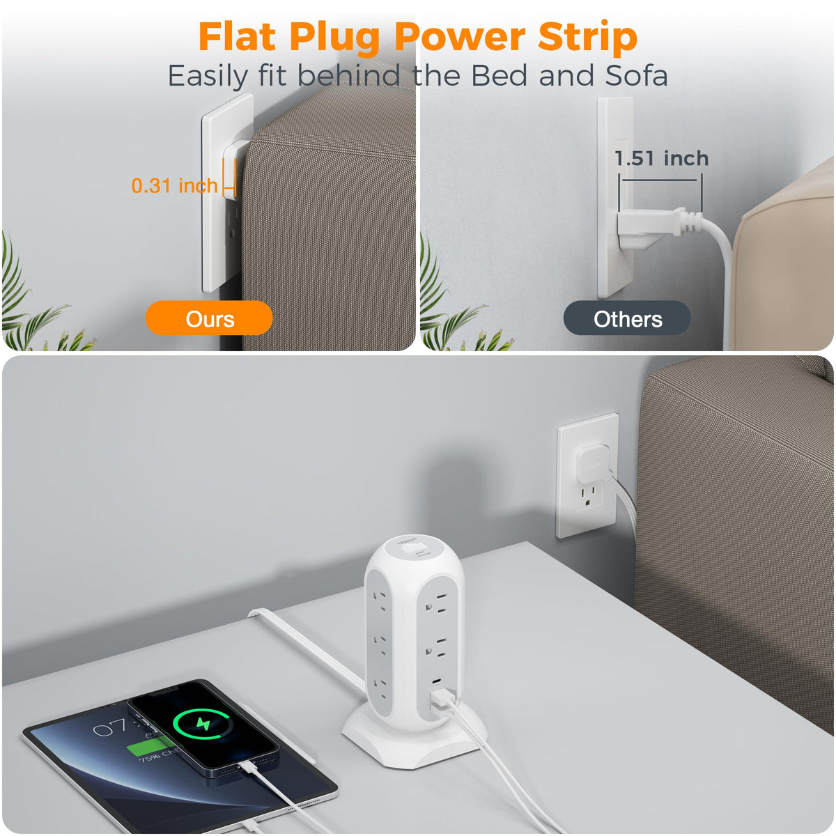 TESSAN flat plug closeup fitting flush to wall to save space behind furniture