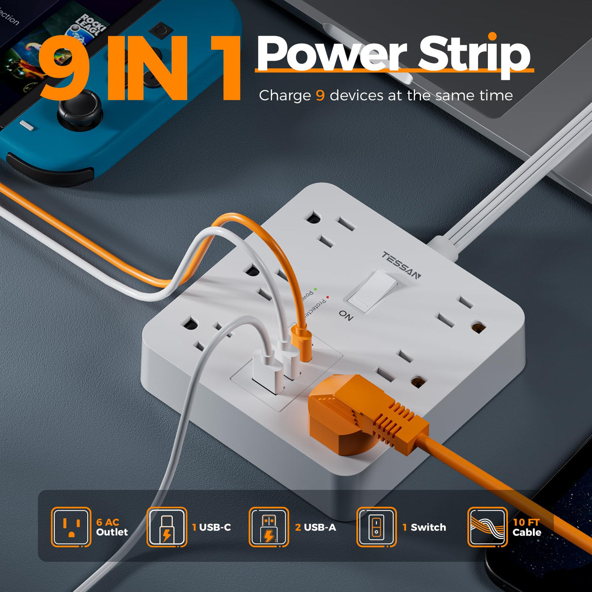TESSAN closeup of flat plug designed to sit flush behind furniture for space saving