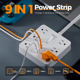 TESSAN closeup of flat plug designed to sit flush behind furniture for space saving