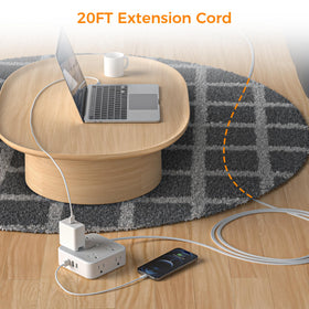 TESSAN flat plug closeup with 45° angle that fits behind furniture for space saving