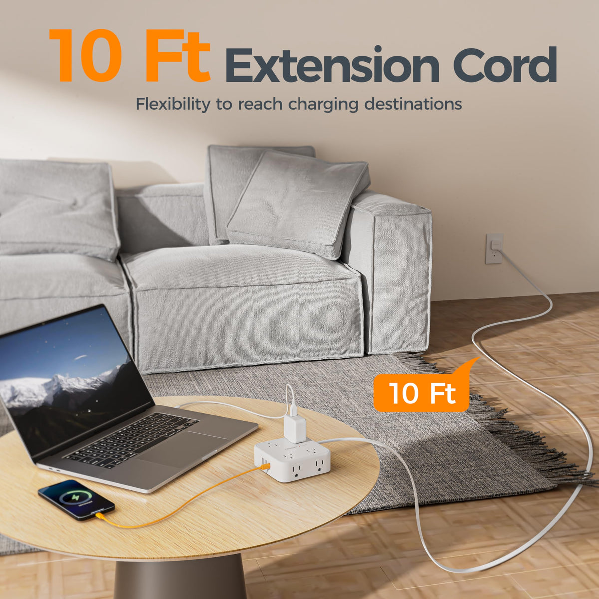 TESSAN flat plug and slim 10ft cord tucked under baseboard for space saving