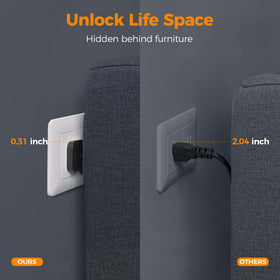 TESSAN flat plug detail demonstrating ultra-thin right-angle head that fits behind furniture