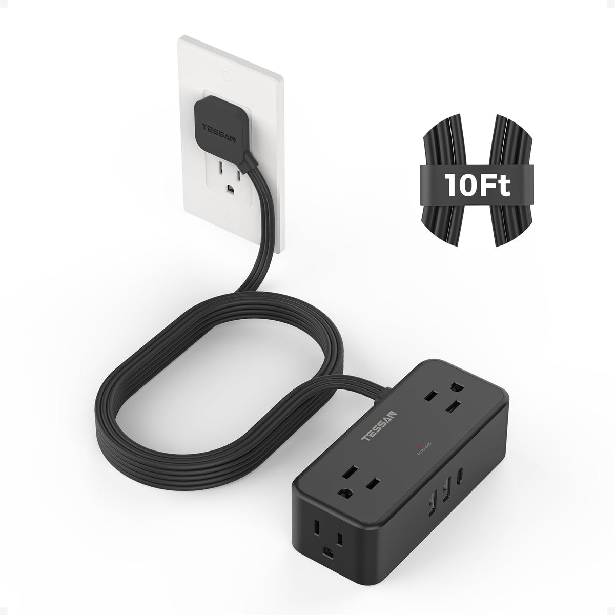 TESSAN flat-plug extension 10ft reaches distant outlets without blocking adjacent plugs.