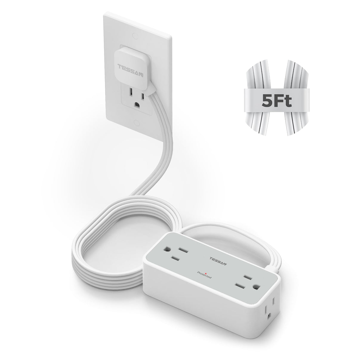 TESSAN flat plug extension 5ft wall-hidden view keeps cords neat behind furniture.
