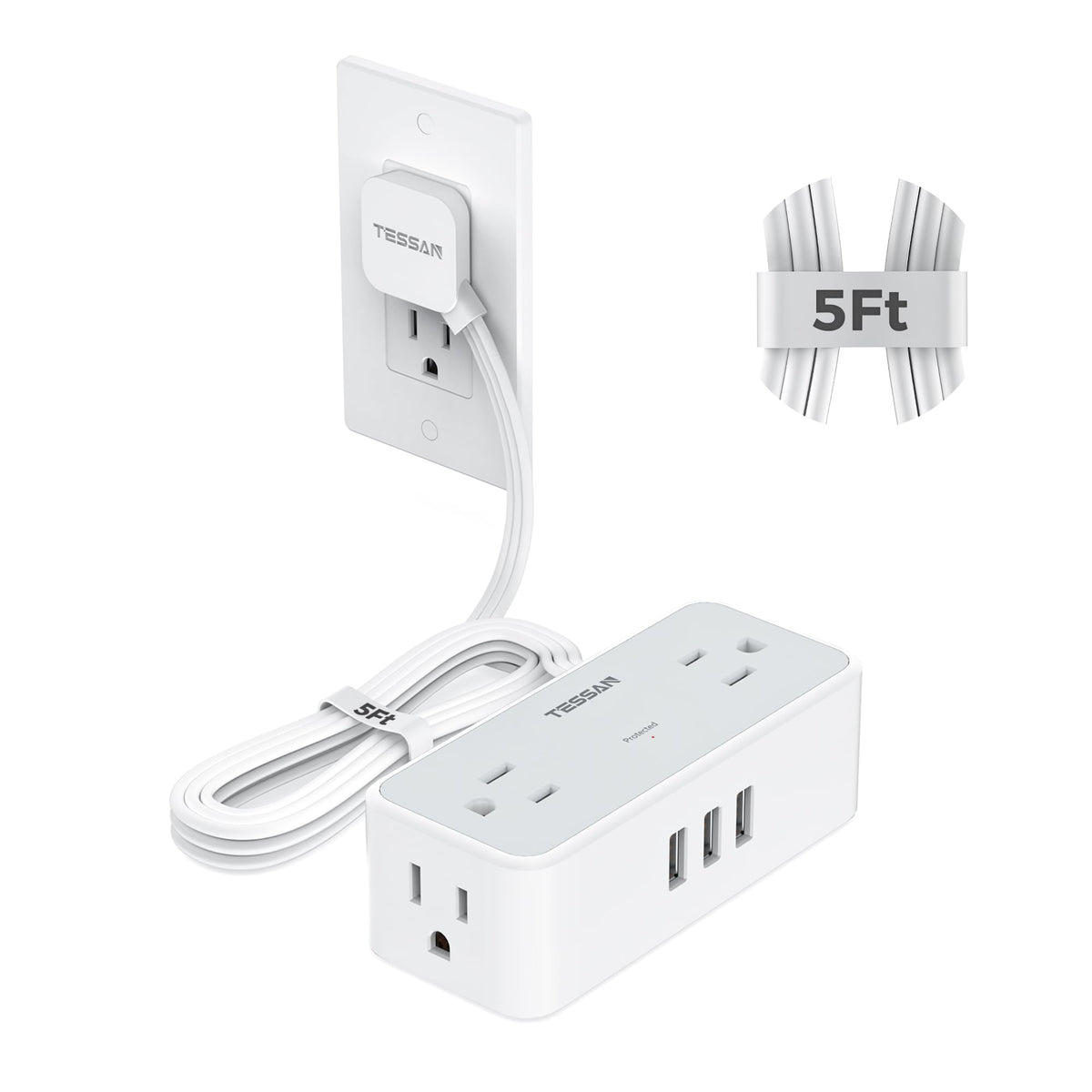 TESSAN flat plug extension shows slim profile for behind furniture use.