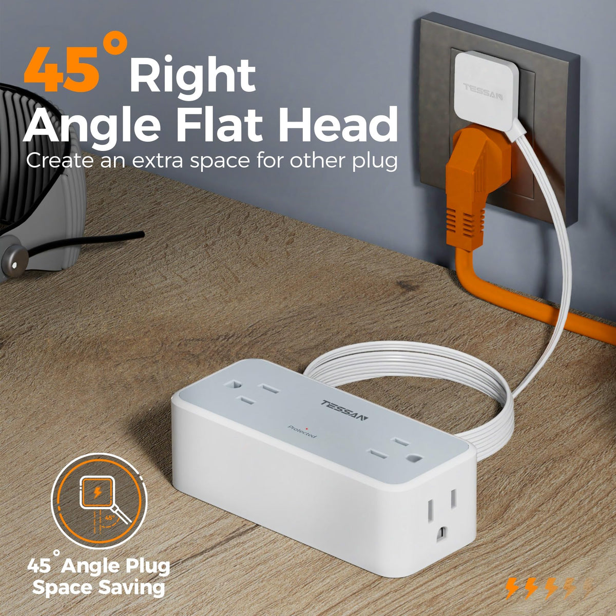 TESSAN flat plug extension anti-slip feet stabilize on surfaces.