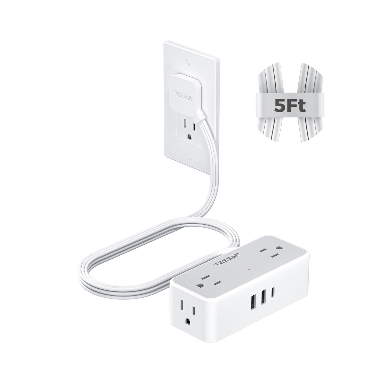 TESSAN flat plug extension cord with four outlets for clutter-free desk charging
