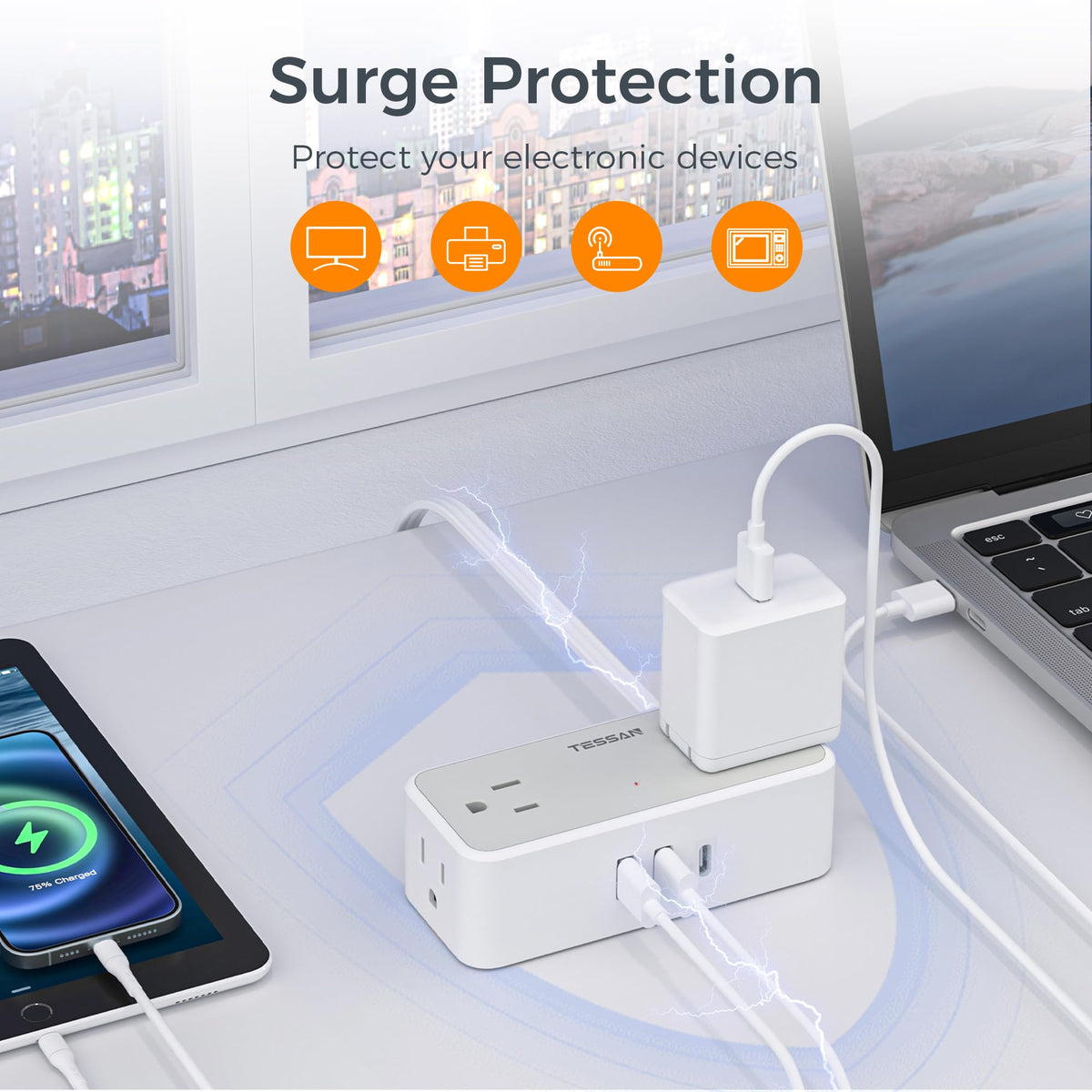 TESSAN right-angle flat plug saves space behind furniture