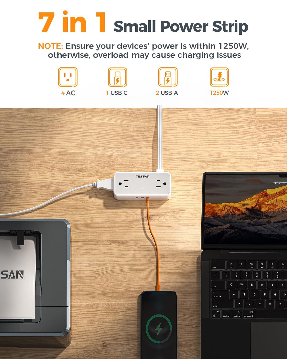 TESSAN extension cord USB-C port for streamlined device charging