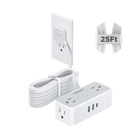 TESSAN front view of flat plug power strip showing outlets and ports for versatile charging