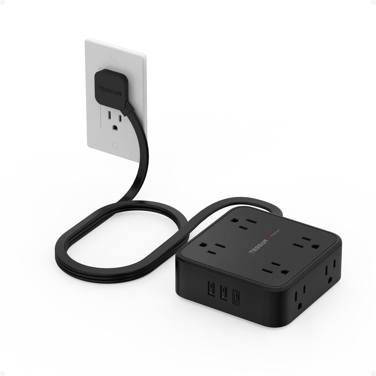TESSAN front view showing 8 outlets and 3 USB ports for compact power