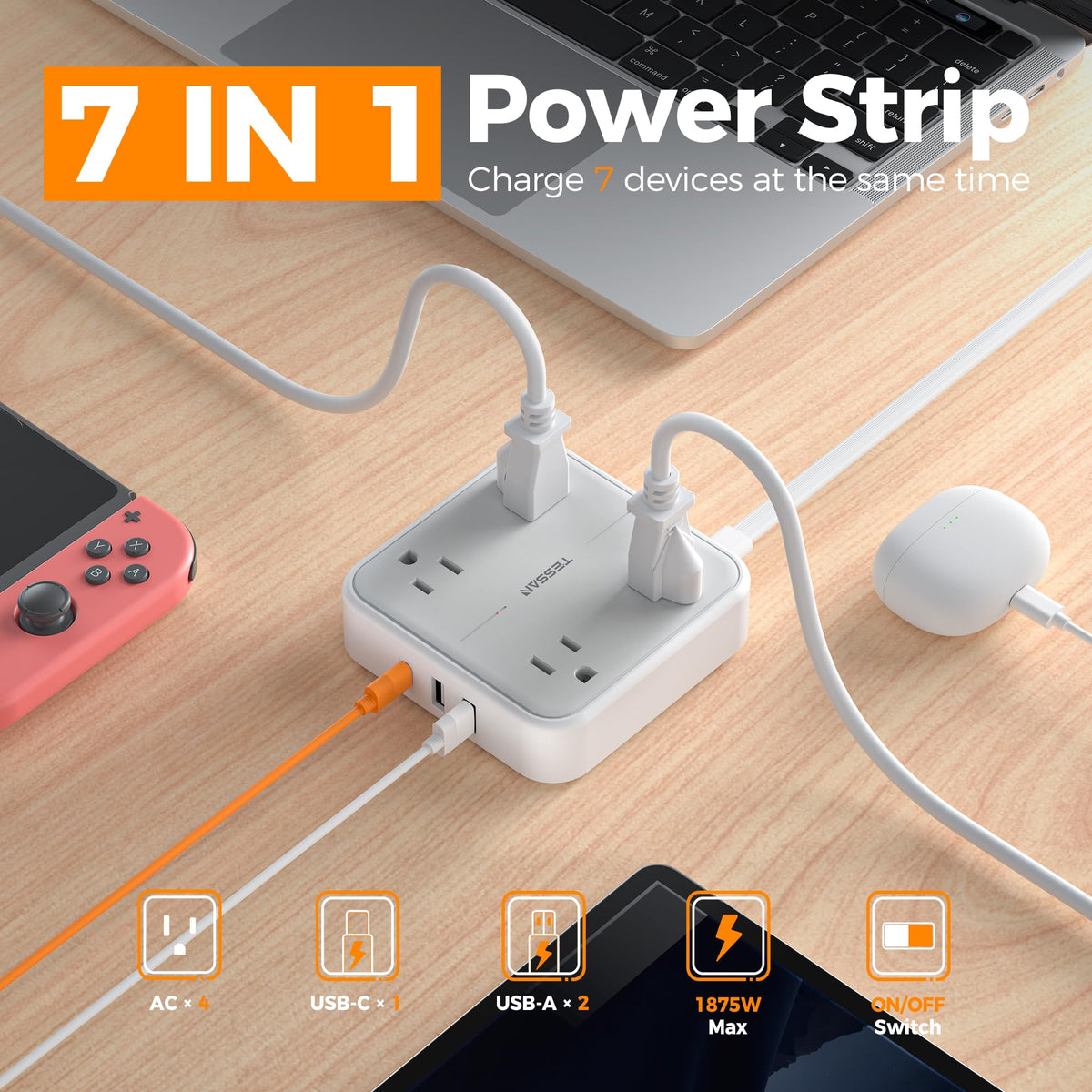 TESSAN power strip with four outlets and compact flat plug