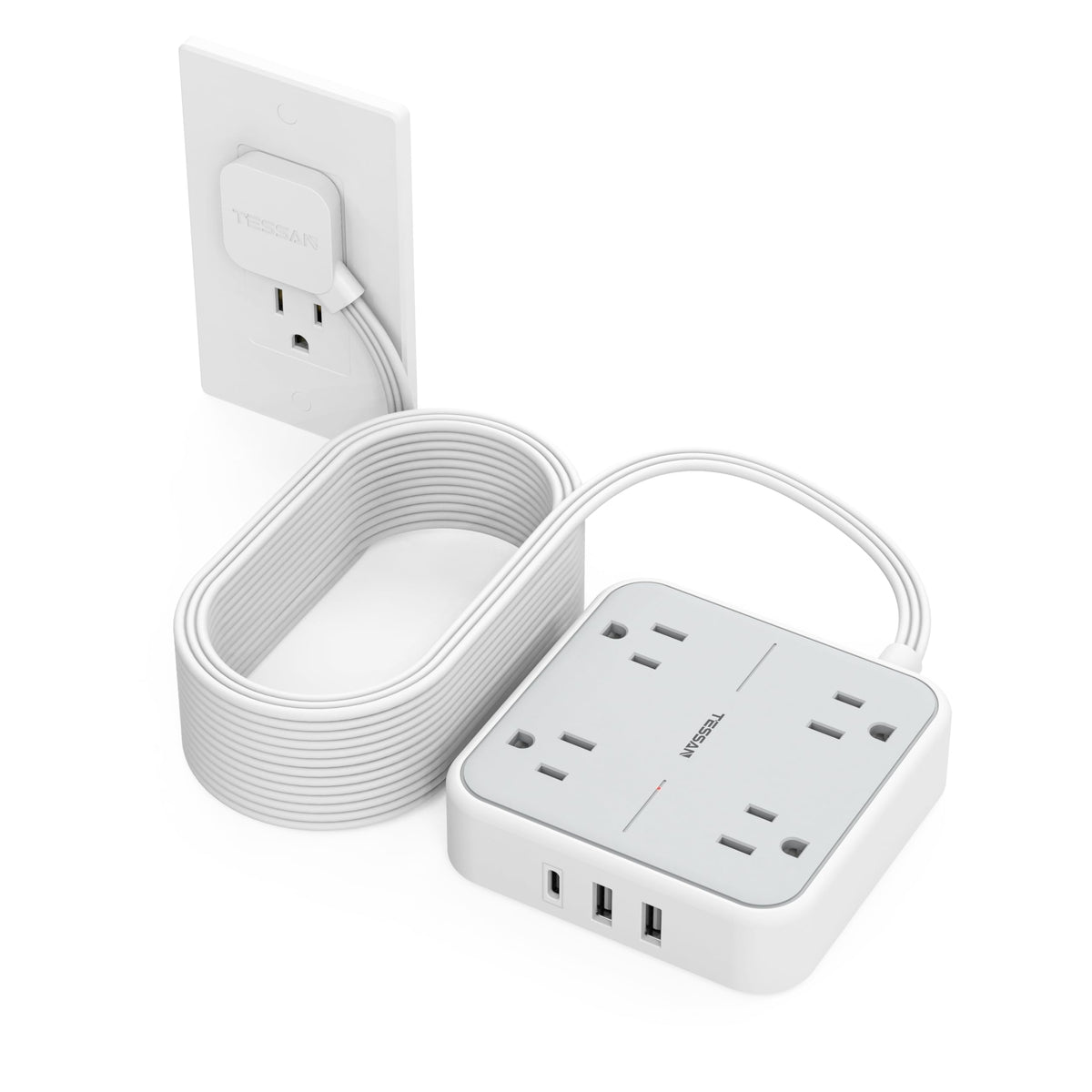 TESSAN front view of power strip showing outlets and USB ports for versatile charging