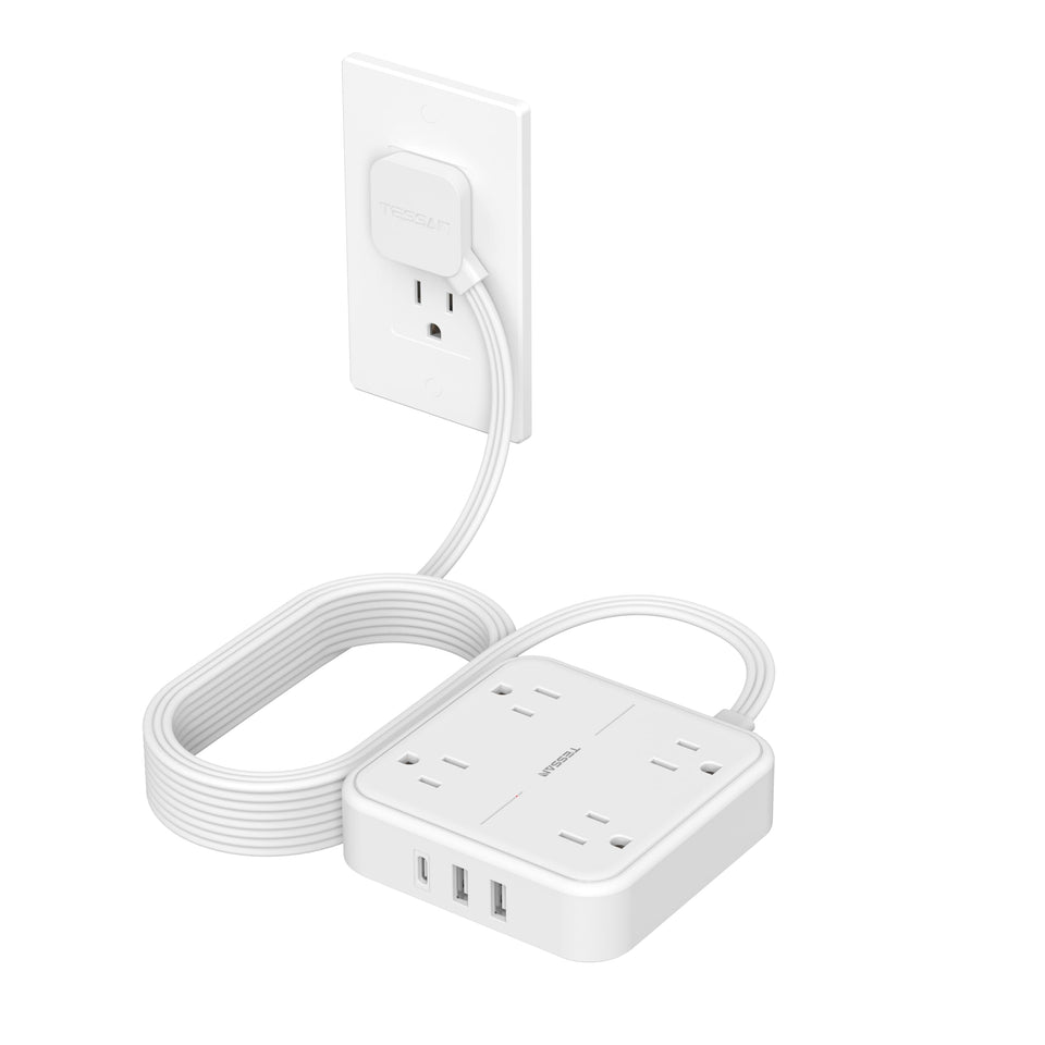 TESSAN front view of slim power strip showing outlets and USB ports for convenient charging