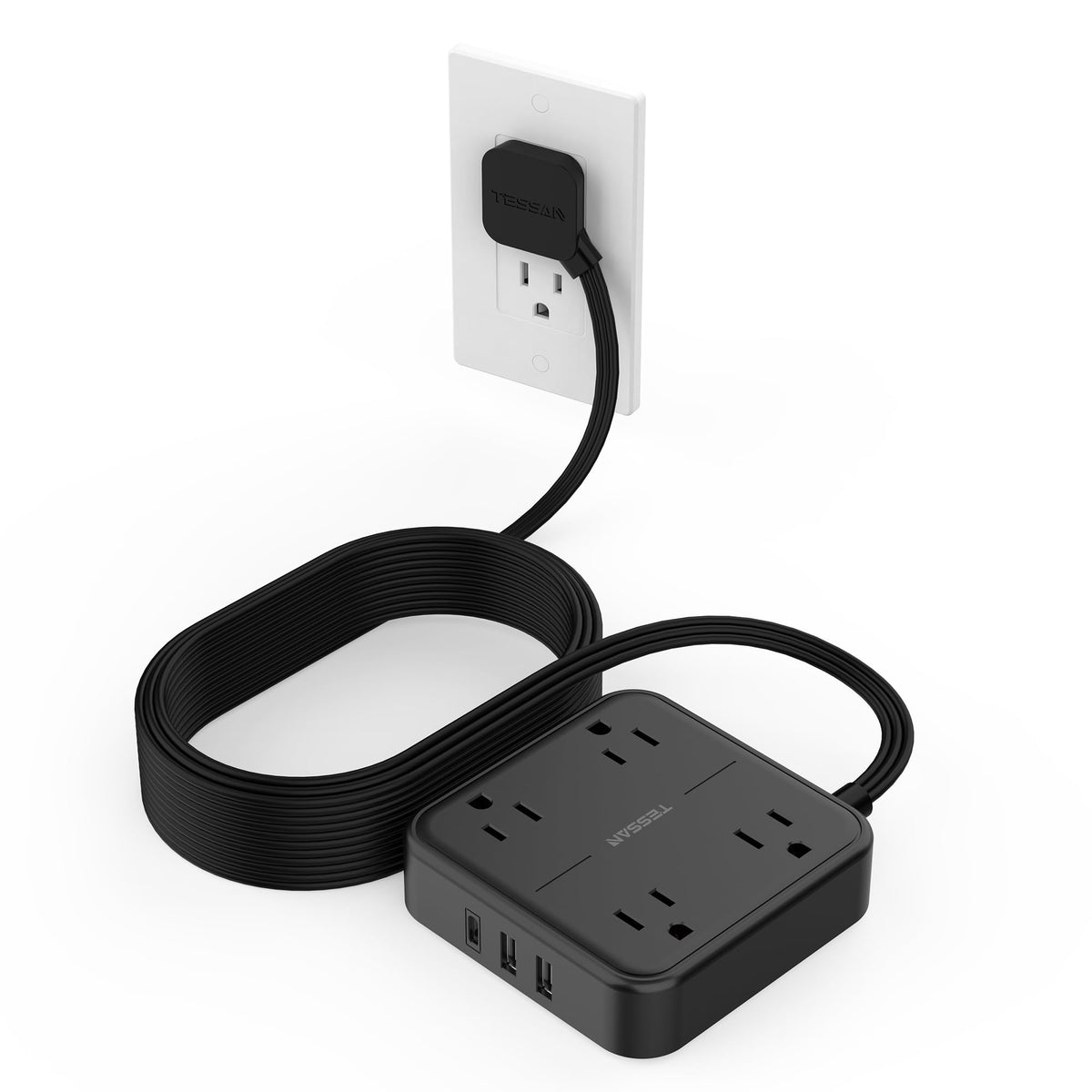 TESSAN front view of power strip showing outlets and USB ports for versatile charging