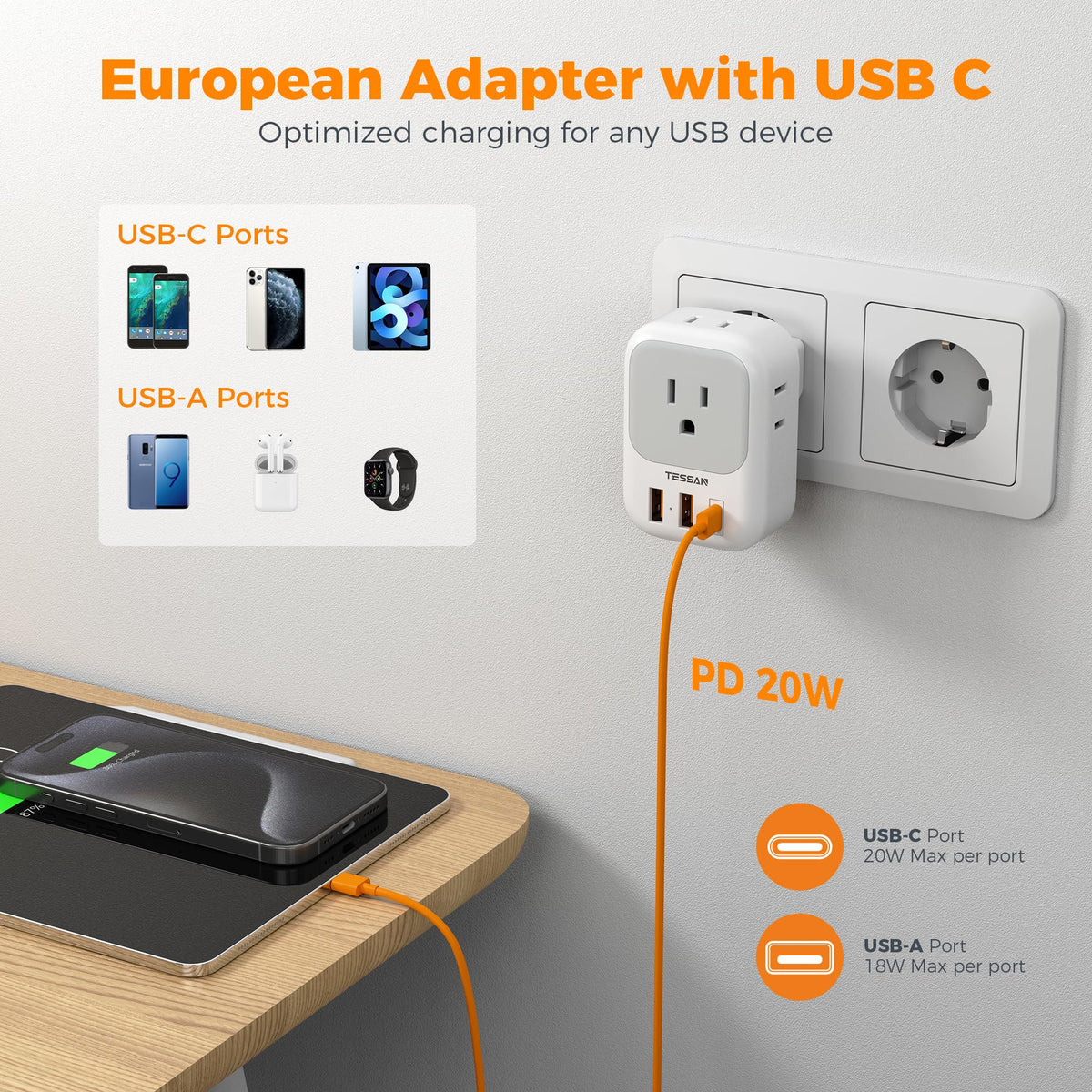 TESSAN foldable EU plug close-up highlighting compact travel design.