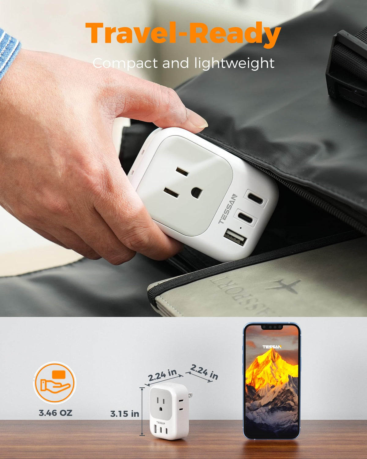 TESSAN four-sided design prevents blocking large plugs.