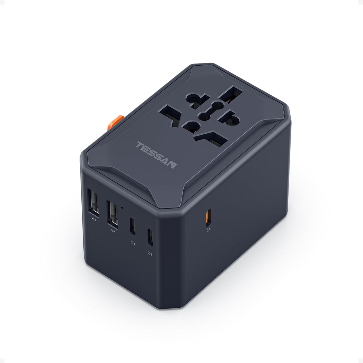 TESSAN front view showing ports and universal outlet for compact travel charging