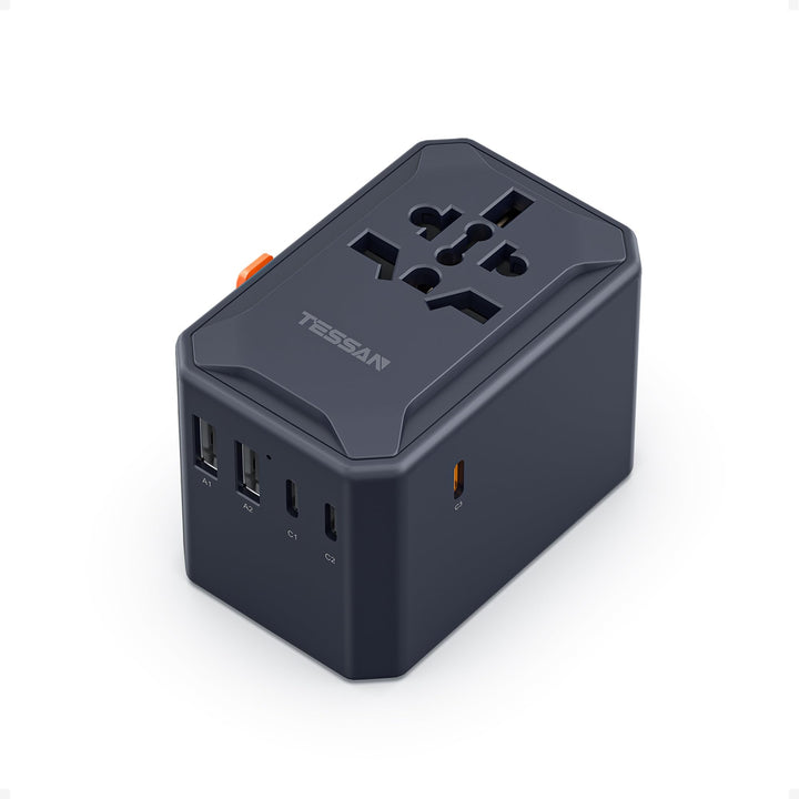 TESSAN front view showing ports and universal outlet for compact travel charging