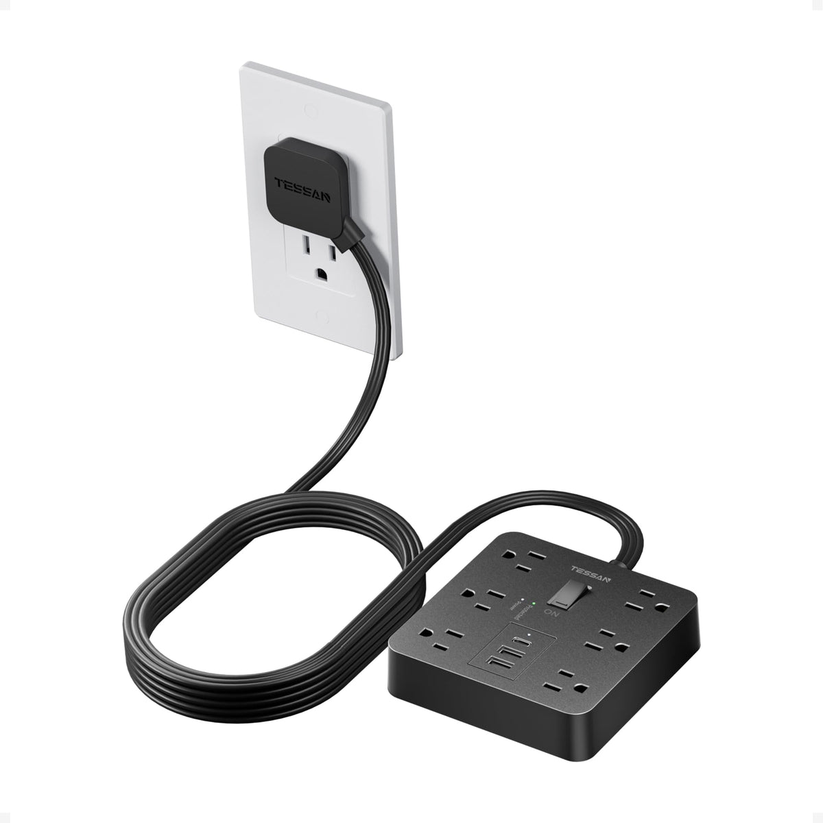 TESSAN front view showing six outlets and three USB ports, compact charging solution