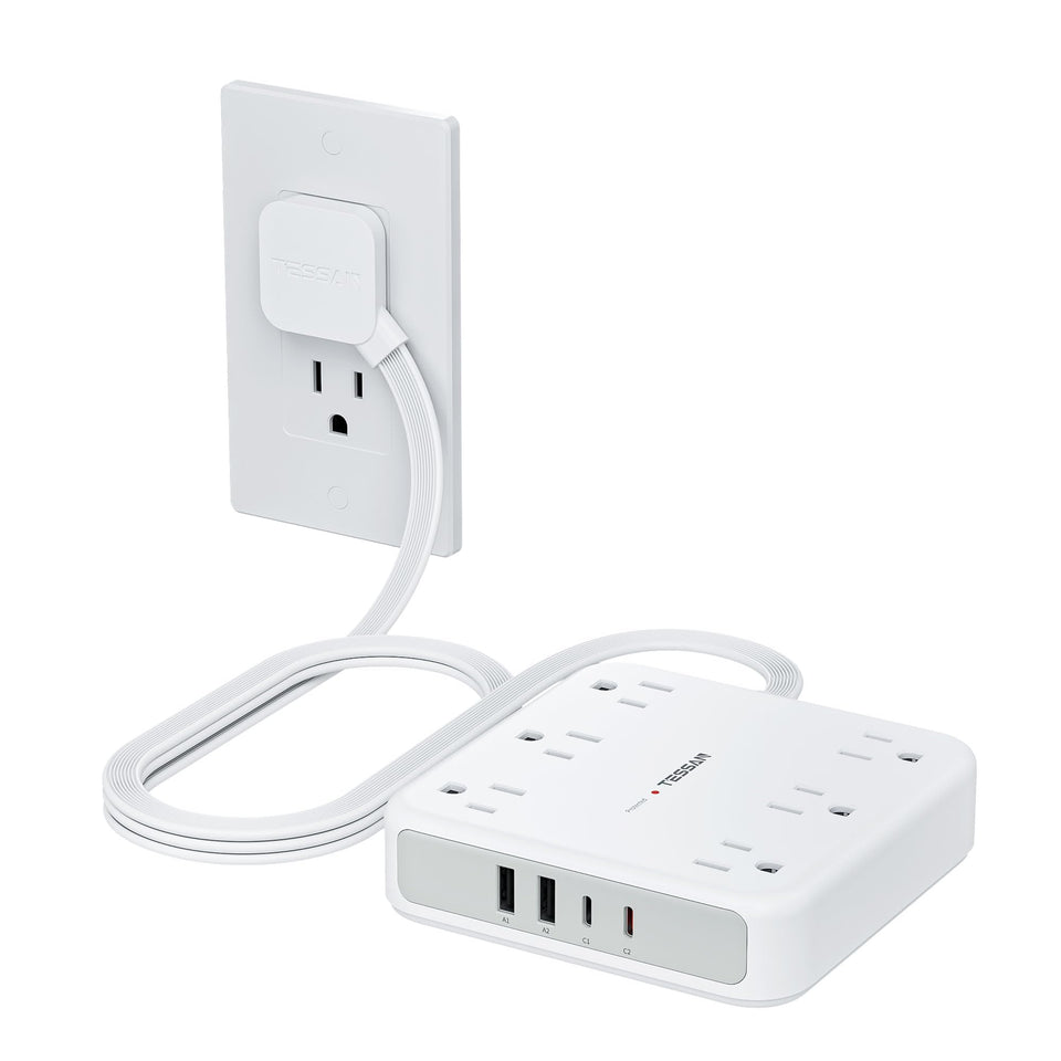 TESSAN front view showing six outlets and four USB ports for compact charging
