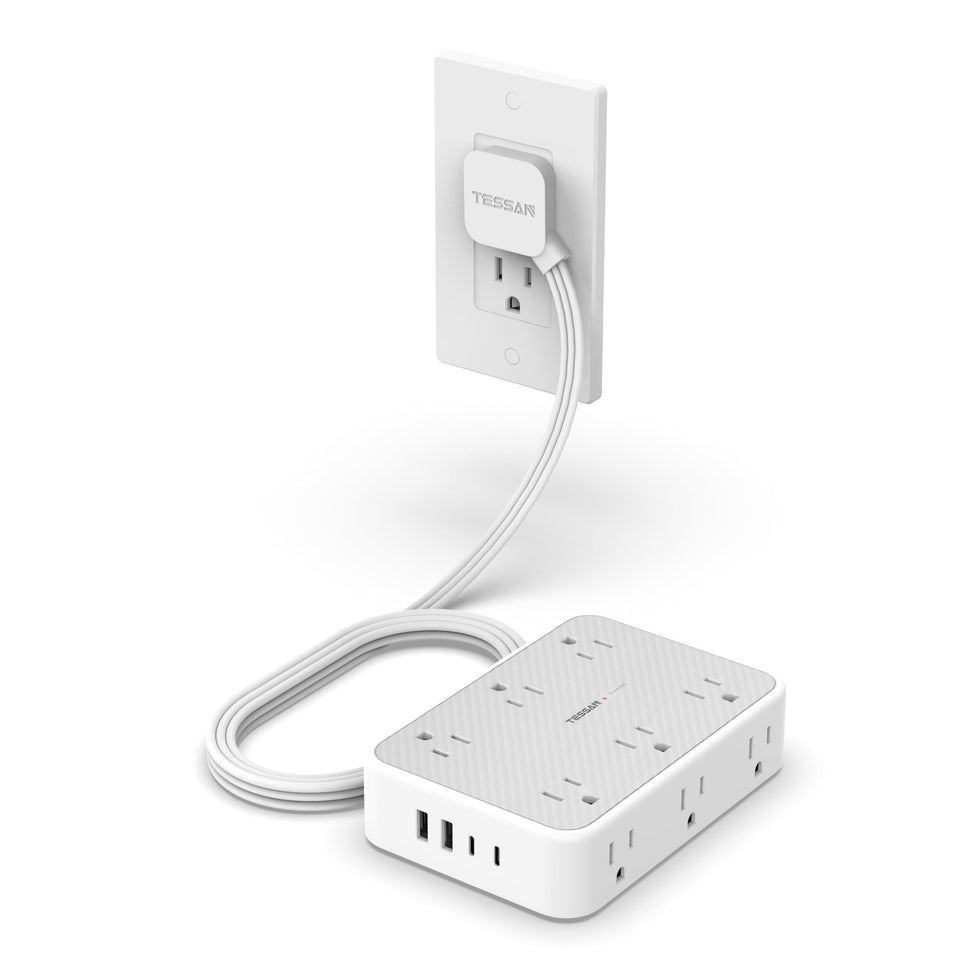 TESSAN front view showing 12 outlets and four USB ports for organized charging