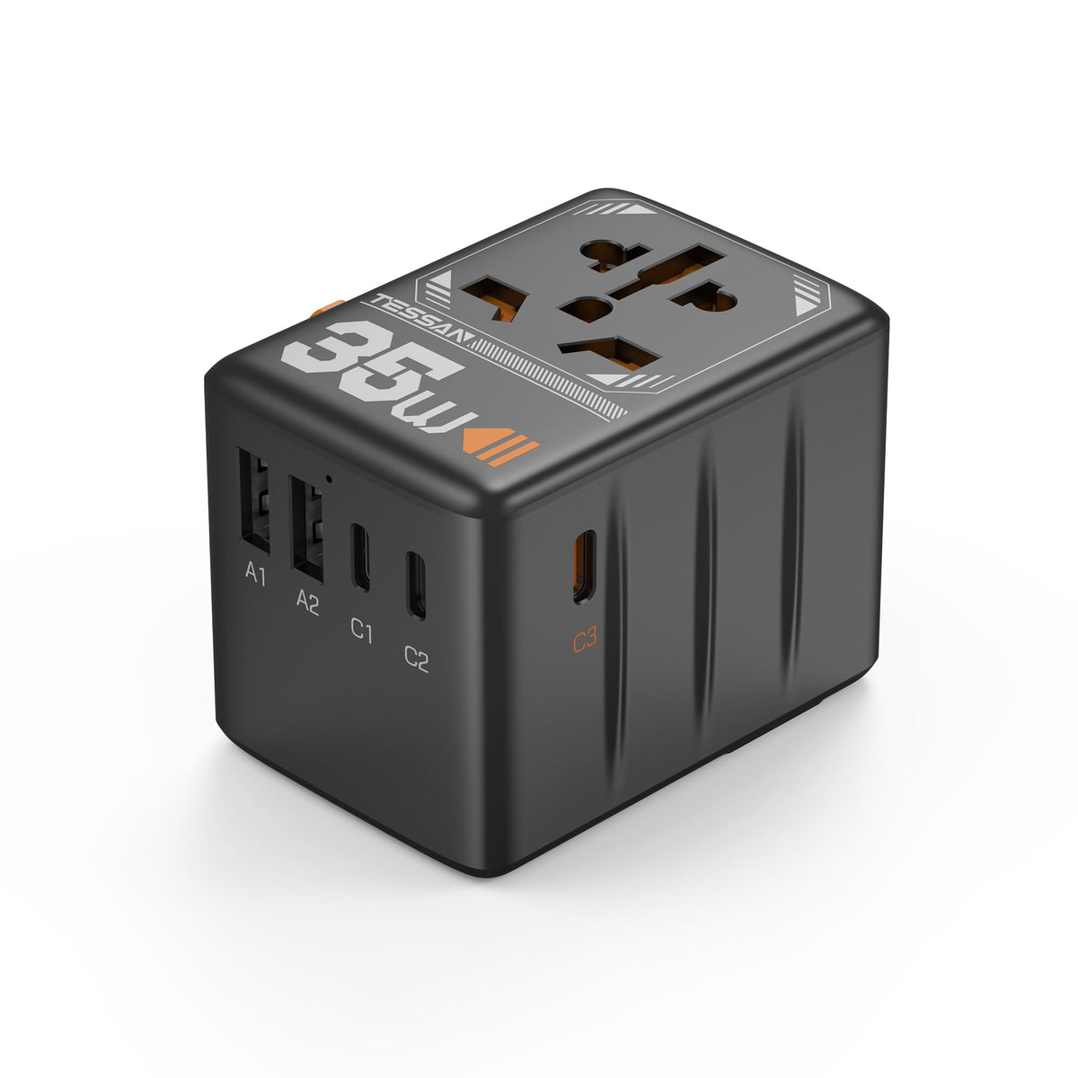 TESSAN front view showing compact travel adapter and plug faces for quick packing