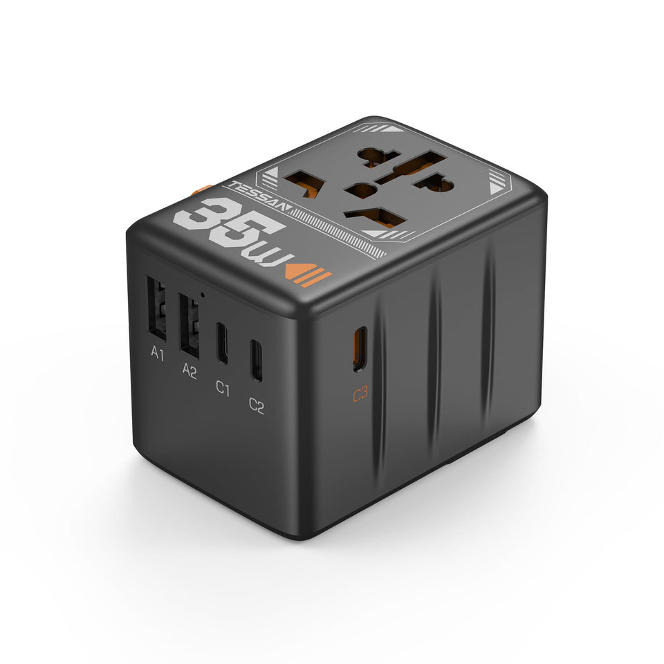 TESSAN front view showing compact travel adapter and plug faces for quick packing