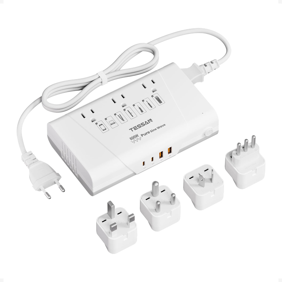 TESSAN front panel showing outlets and ports, convenient center-of-travel charging