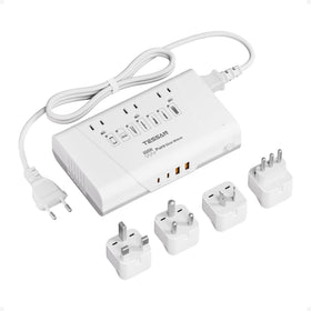 TESSAN front panel showing outlets and ports, convenient center-of-travel charging