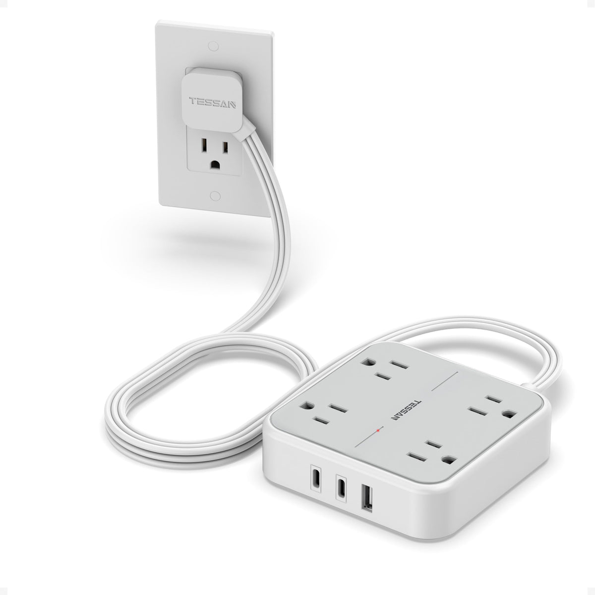 TESSAN front view showing four outlets and three USB ports, neat charging