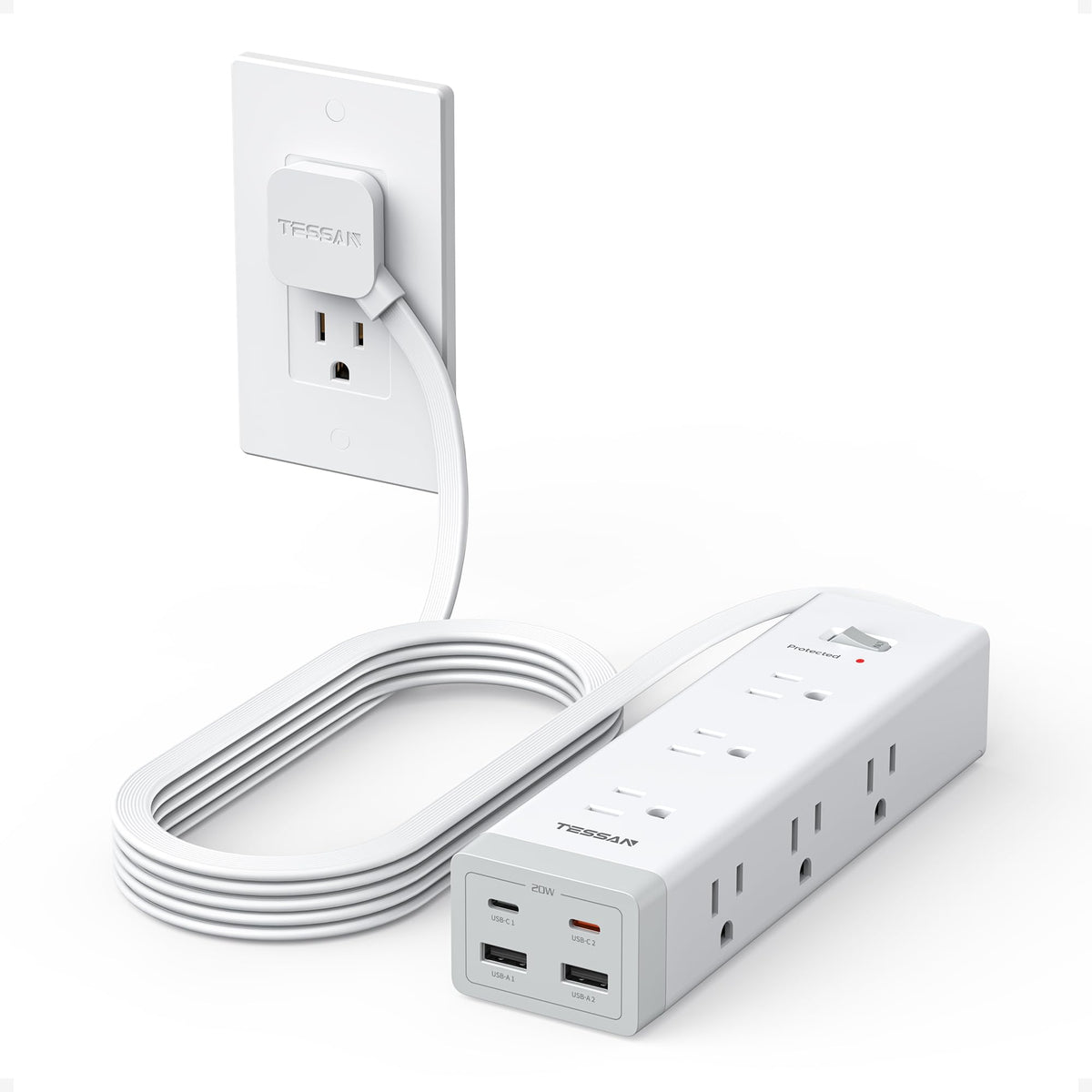 TESSAN front view showing nine outlets and USB ports, organized charging benefit
