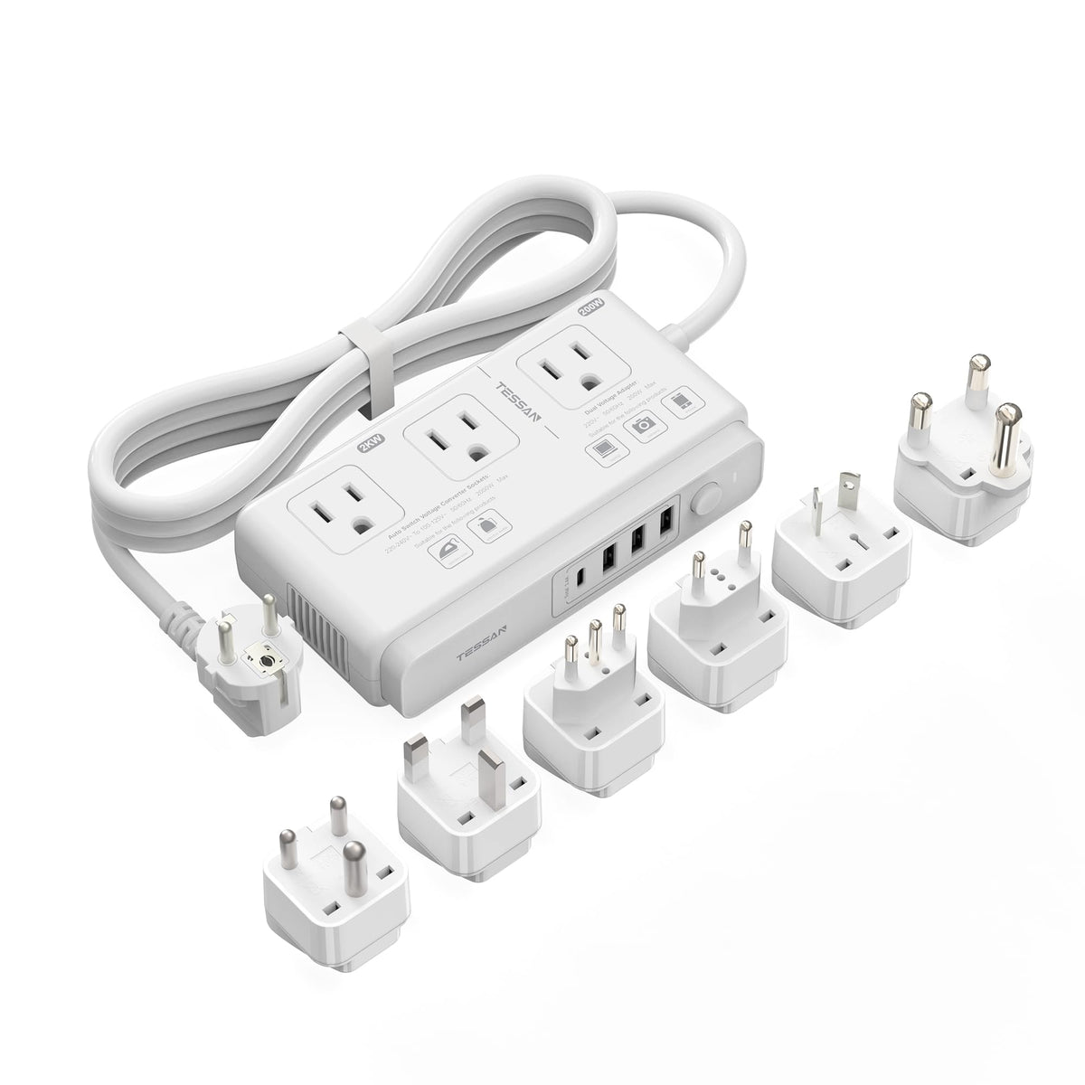 TESSAN front view showing adapter ports and compact design for versatile travel charging
