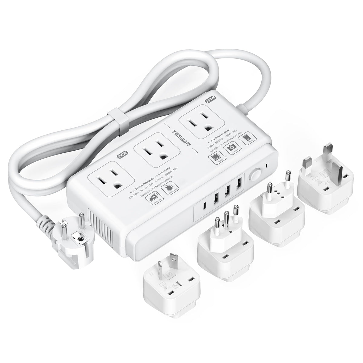 TESSAN front view adapter showing sockets and ports for versatile charging