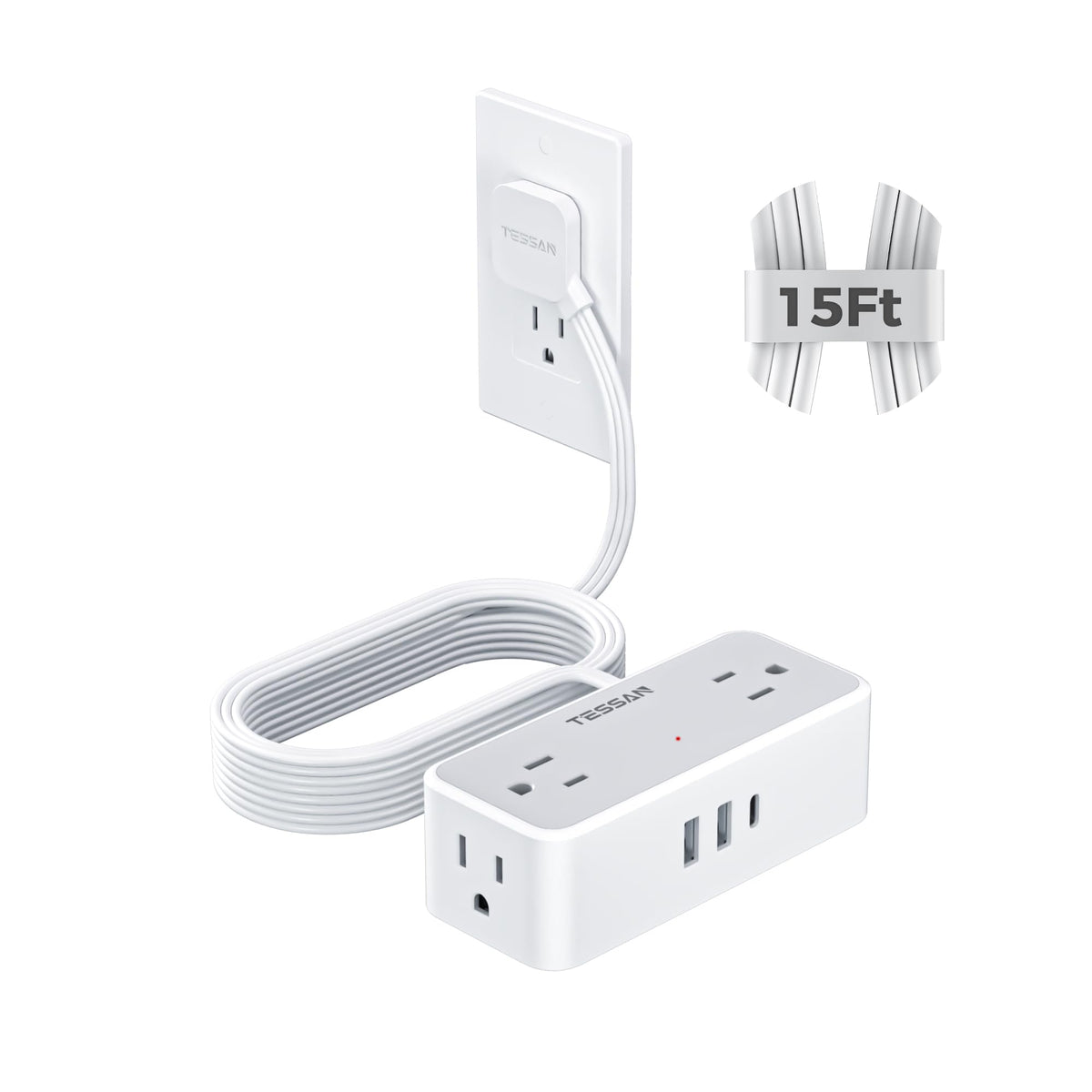 TESSAN front view of flat plug power strip showing outlets and ports for organized charging