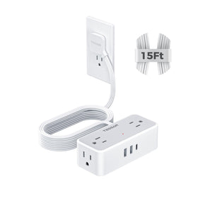 TESSAN front view of flat plug power strip showing outlets and ports for organized charging