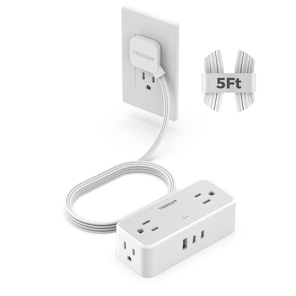 TESSAN front view of slim power strip showing compact layout and space saving