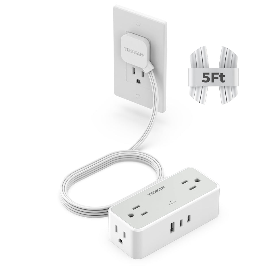 TESSAN front view of slim power strip showing compact layout and space saving