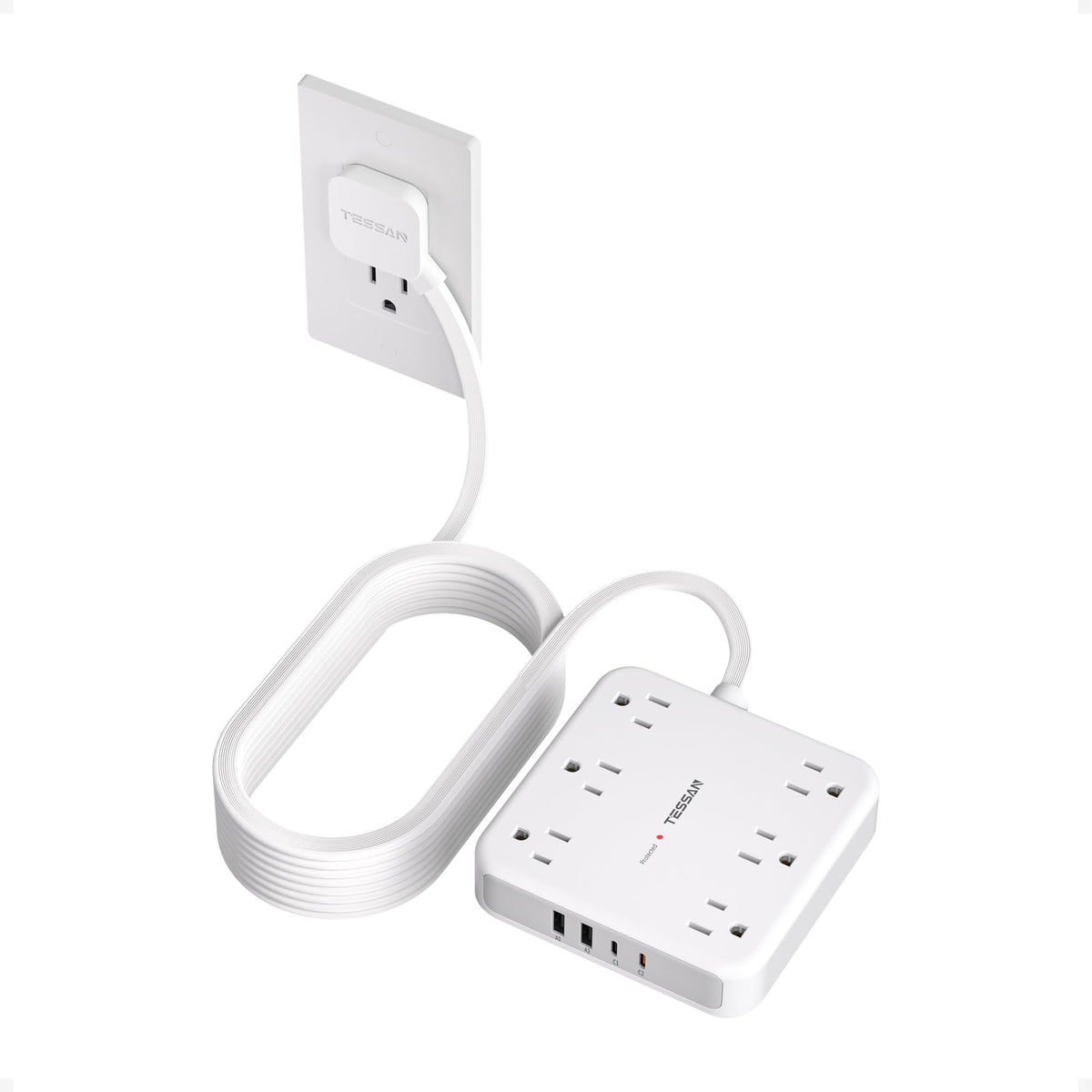 TESSAN front view of power strip showing outlets and USB ports for versatile charging