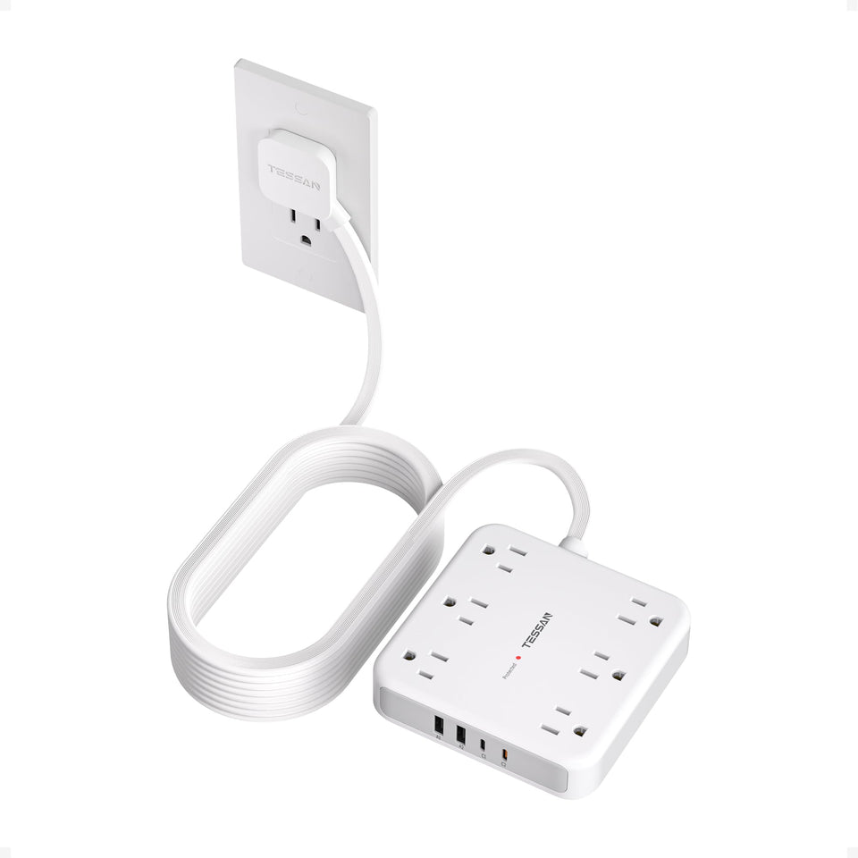 TESSAN front view of power strip showing outlets and USB ports for versatile charging