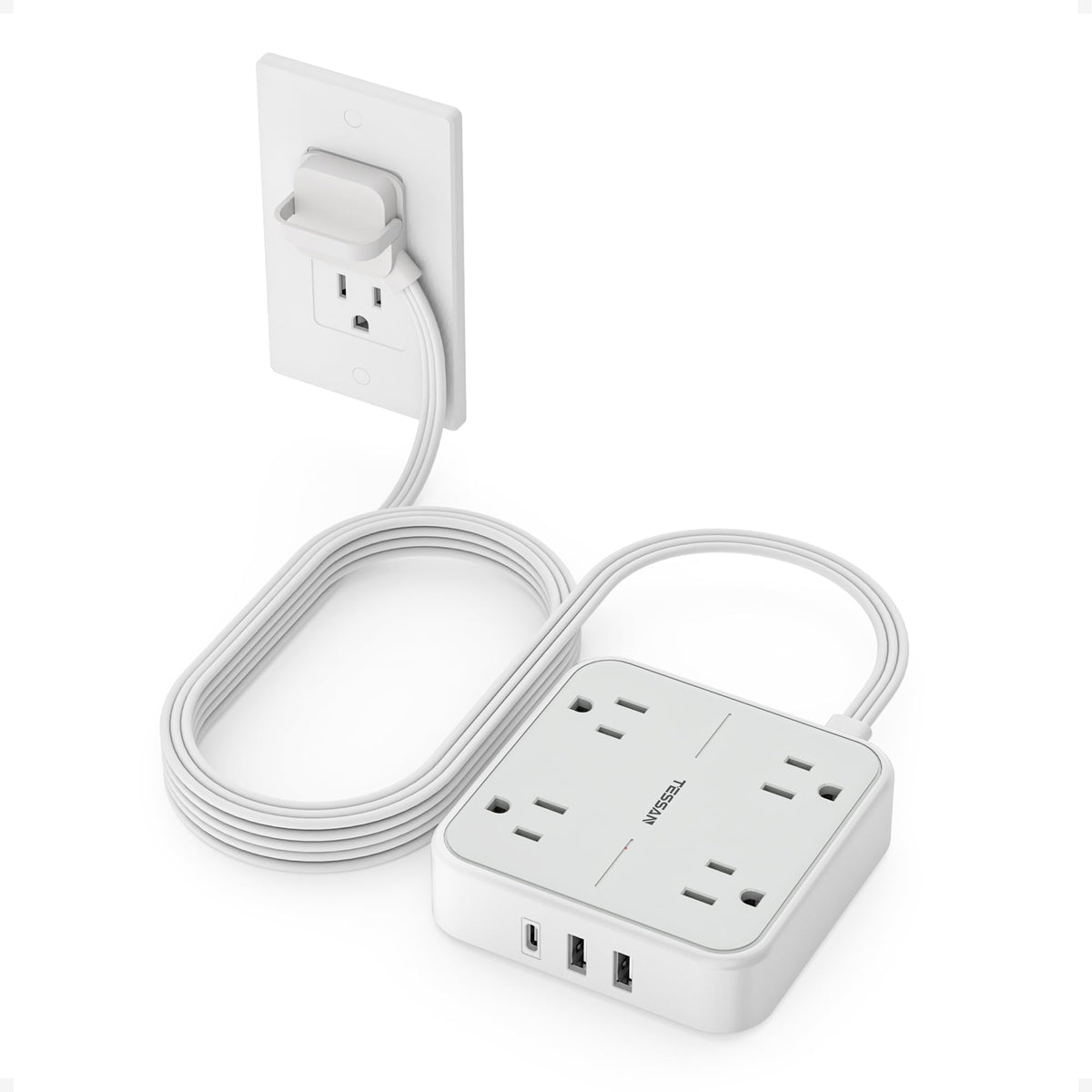 TESSAN front view of flat power strip showing outlets and USB ports for compact charging