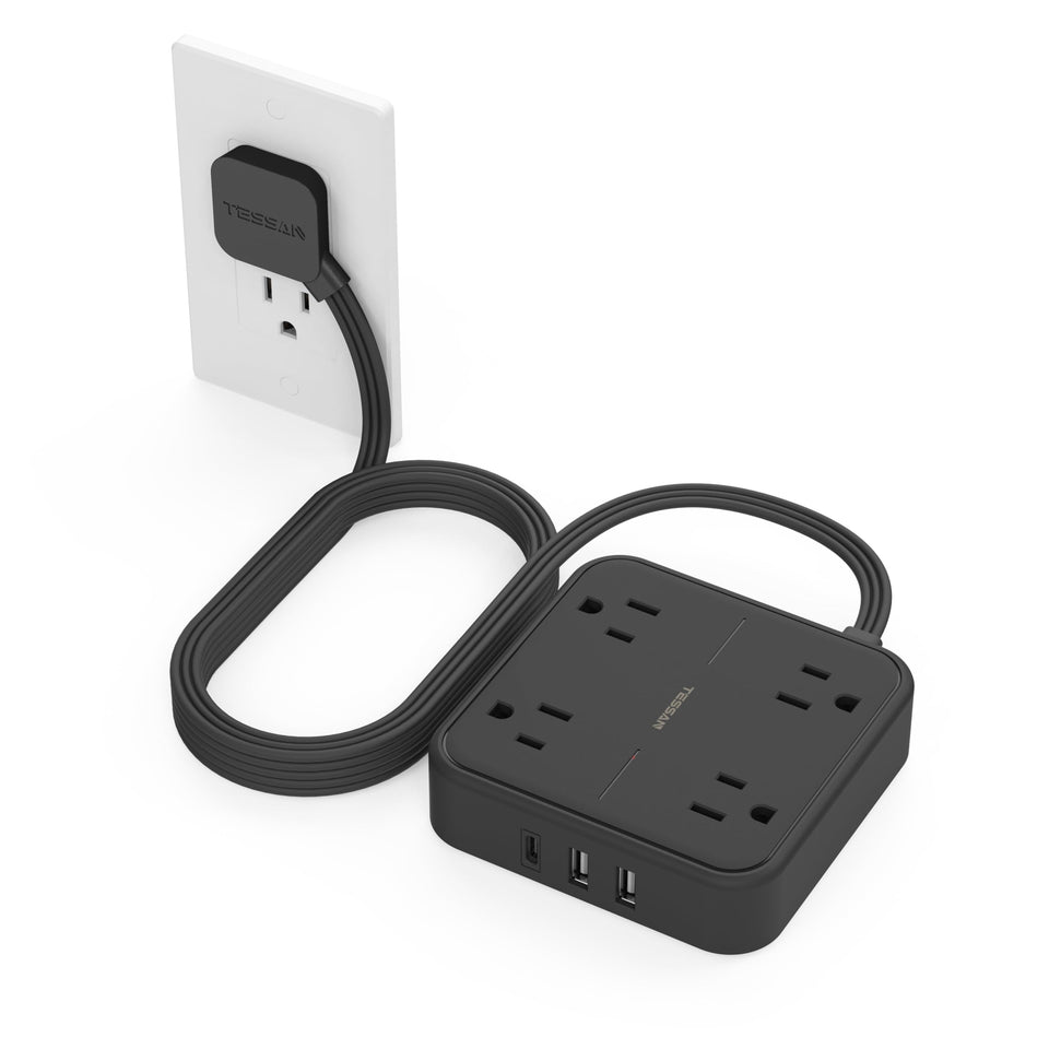 TESSAN front view of power strip showing outlets and ports for neat charging
