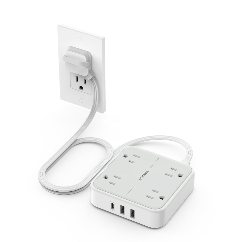 TESSAN front view of grey power strip showing four outlets and three USBs for organized charging